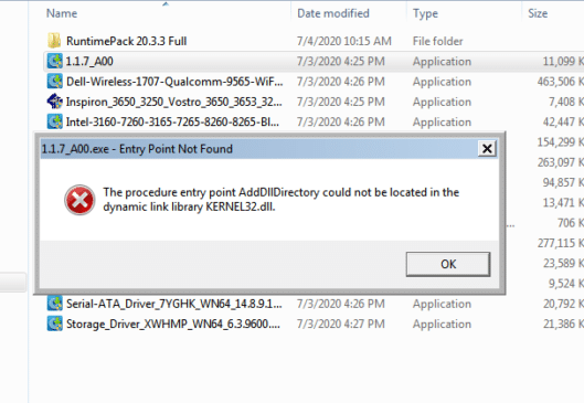 the procedure entry point AddDllDirectory could not be located in the dynamic link library KERNAL32.dll